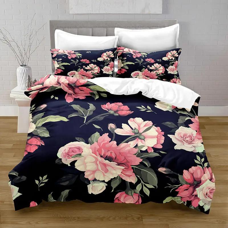 Floral Duvet Cover Set King Queen Lovely Red Pink Flowers and Green Leaf Polyester Bedding Set for Girls Women Black Multicolor