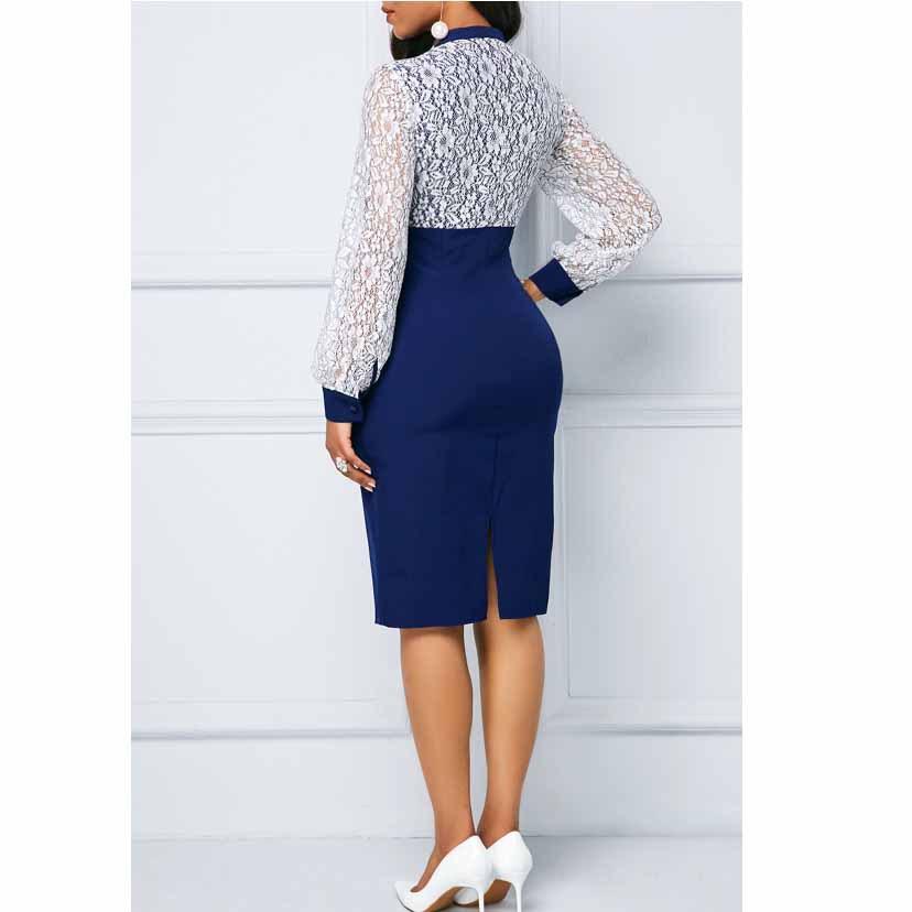 Plus Size Women's Lace Long Sleeve Bodycon Dress Elegant High Waist Patchwork Midi Office Dress