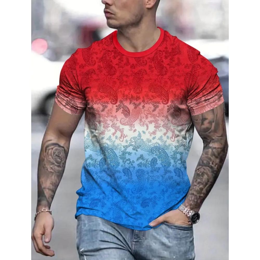 Gym Clothes Man Two Color Gradient 3D Printed Round Neck Men Short Sleeve T-Shirt Outdoor Casual Running Sports Fitness T-Shirt