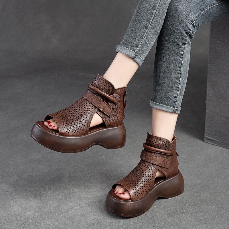 Fashion GKTINOO 2025 Handmade Retro Wedges Heel Sandals Women Open Toe Genuine Leather Platform Hollow Summer Shoes Women Casual Sandals