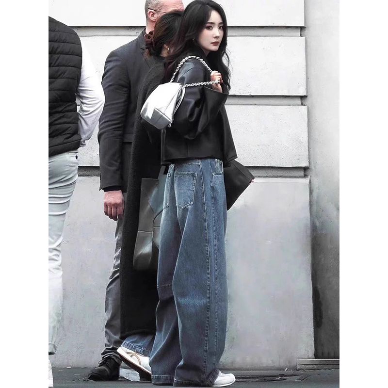 Yang Mi Style Blue Wide-Leg Jeans for Women 2026 Spring and Autumn New Retro High-Waisted Slimming Loose Fit Curved Pants