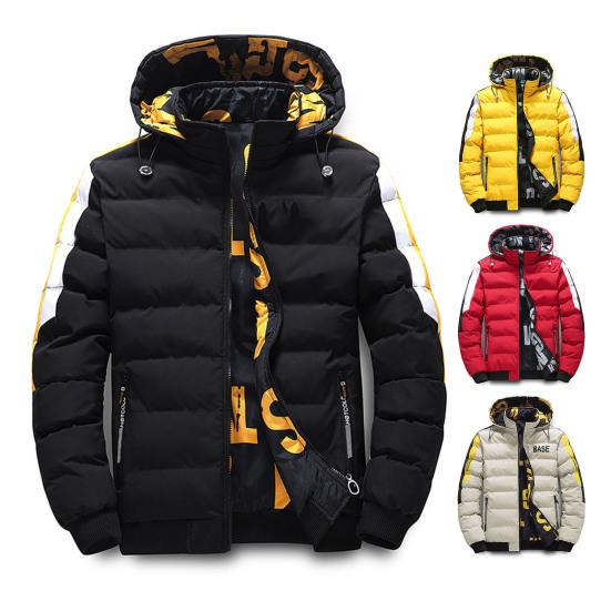Winter Men Cotton Jacket with Detachable Hood Reversible Zipper Pocket Thickened Windproof Warm Regular Fit Male Casual Cotton Coat Top