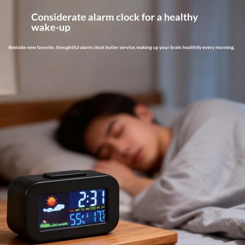 

Часы-метеостанция с цветным дисплеем - Монитор температуры и влажности С подсветкой Для детей и подростков Идеально для спальни/общежития Настольный чёрный