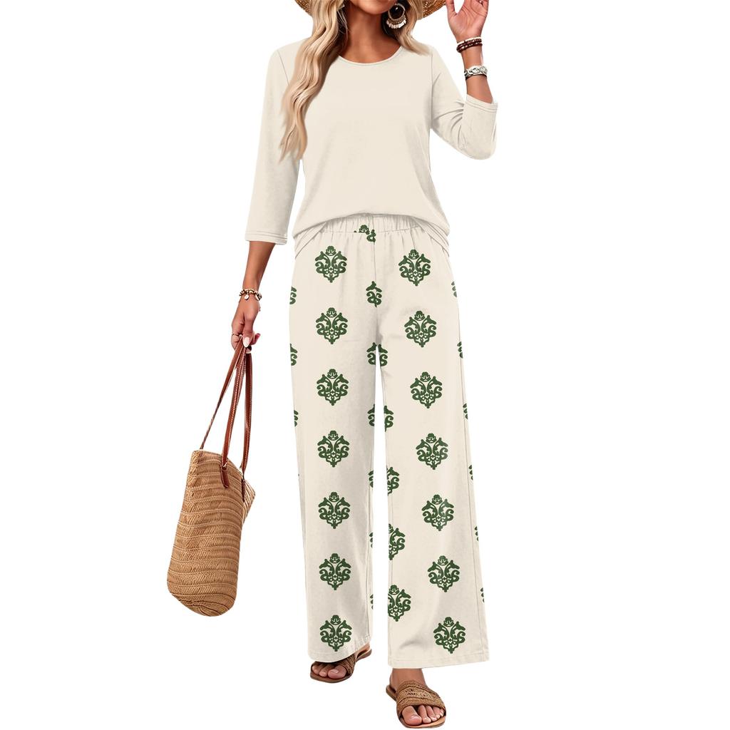 Women's Casual Two Piece Set Round Neck Loose Fit Top with Three Quarter Sleeves and Wide Leg Printed Pants Lounge Wear Set