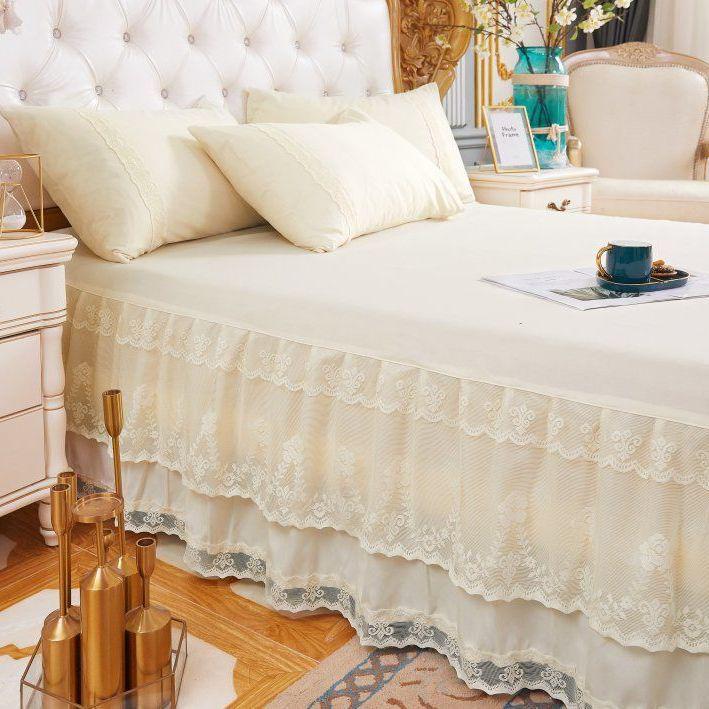 Princess Lace Ruffle Bed Skirt Set - Single Piece Bed Sheet & Mattress Protector