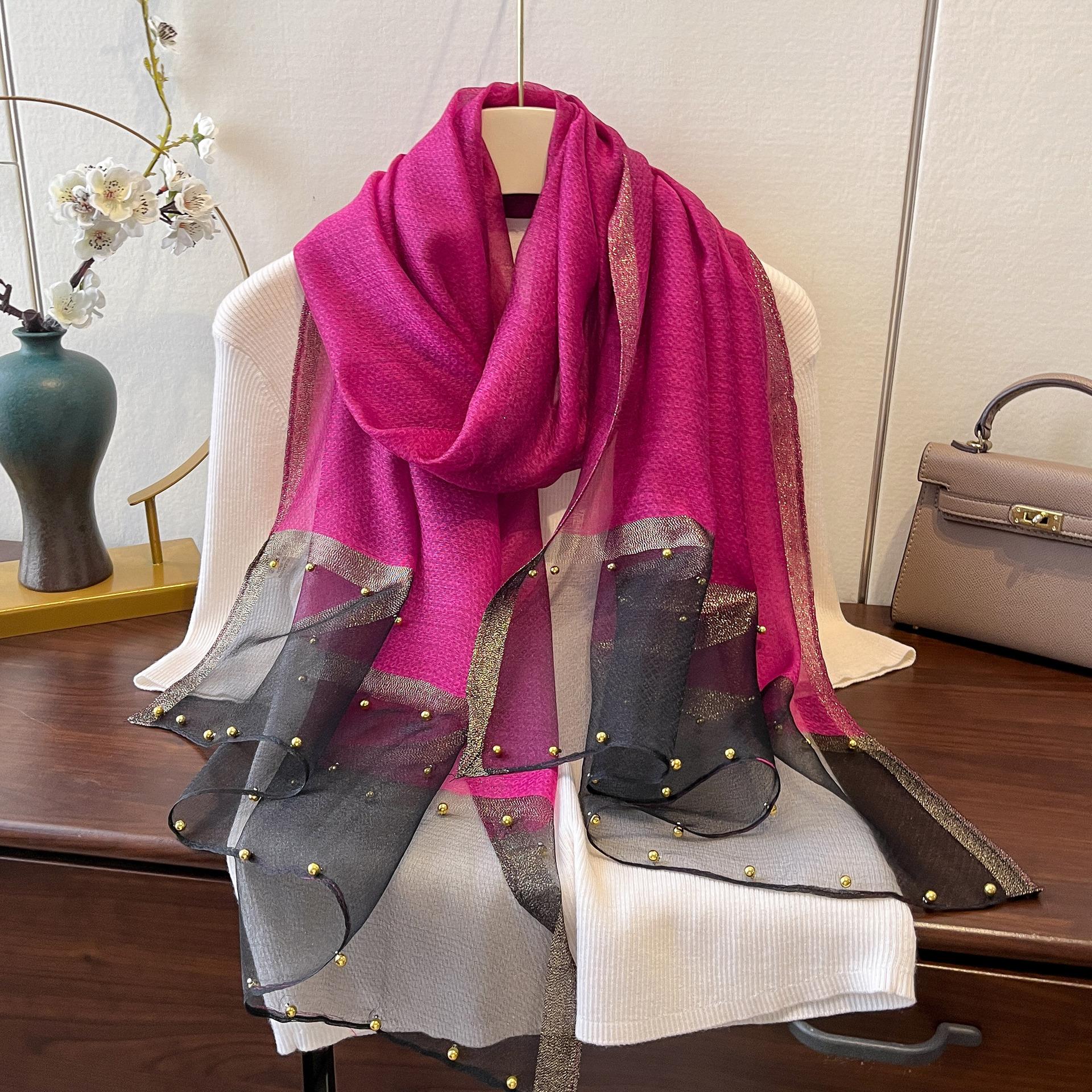 New Pure Color Pearl Silk Scarf Women S Spring Summer Lightweight Large Shawl Long Wrap Cross-Border Scarf Polyester Fabric