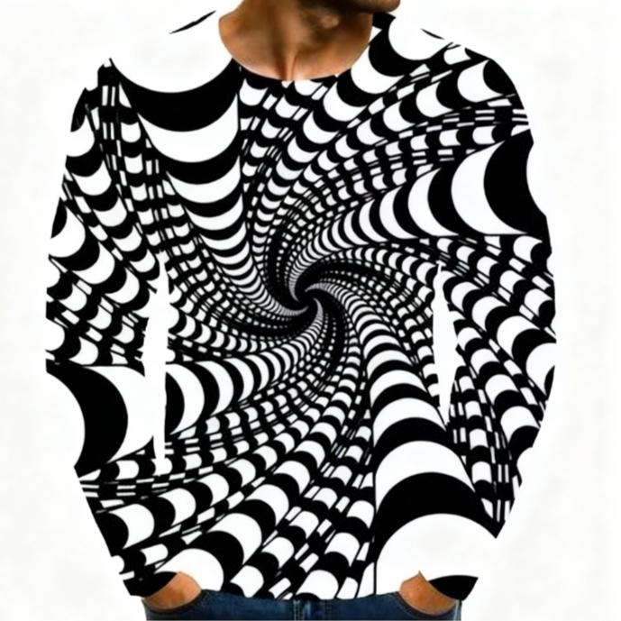 Spring and Autumn Round Neck 3D Abstract Art Printed Top Fashionable Casual Long Sleeved Men's T-shirts