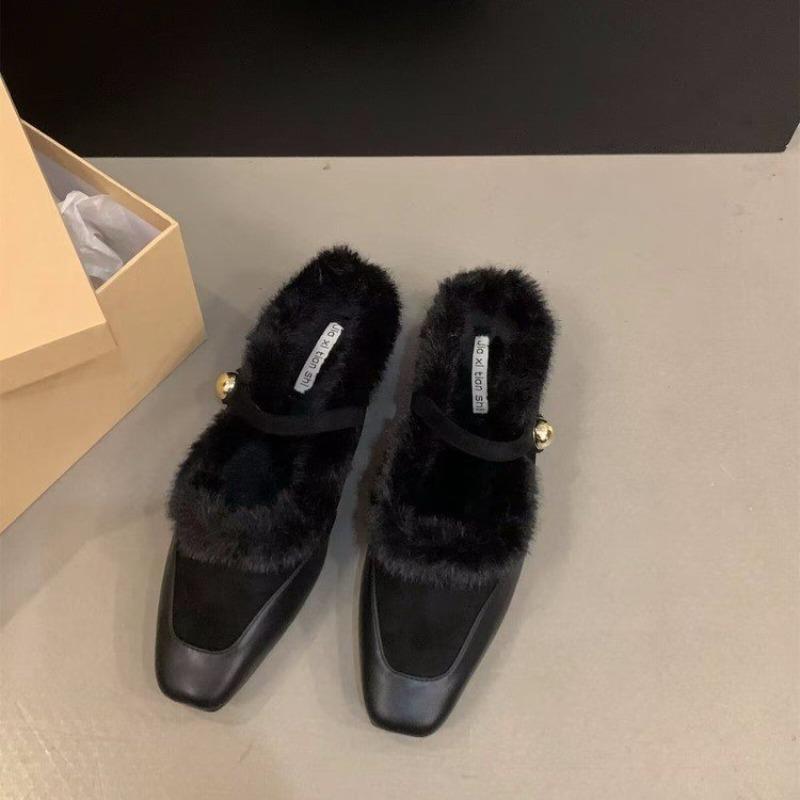 Fashion Hot Selling Shallow Mouth Square Toe Shoe Woman 2025 Elegant Casual Female Sneaker Flats Loafers Fur New Winter On Heels Stretch