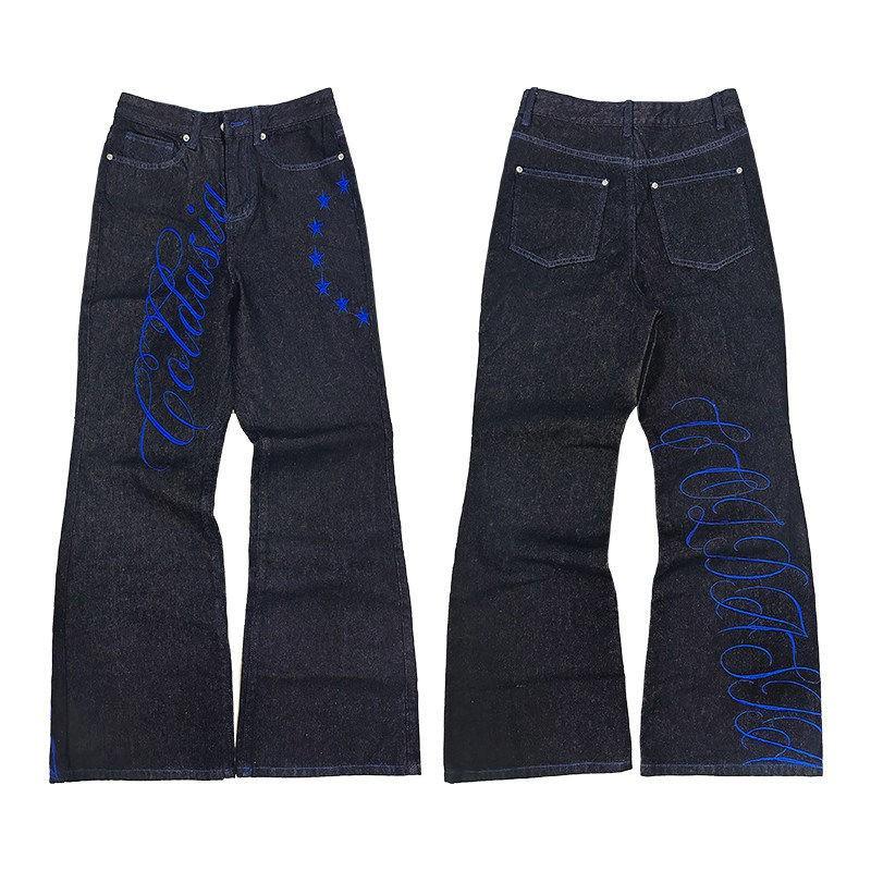 Mens Oversize Straight Leg Jeans Vibe Style Embroidered Raw Denim Pants Casual Stacked Fit