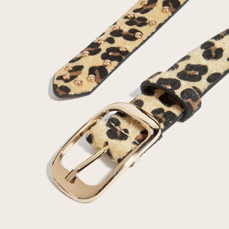Leopard Print Waist Belt with Horsehair Patchworked Rivets Studded Design for Women Fashion Enthusiasts Music Festival