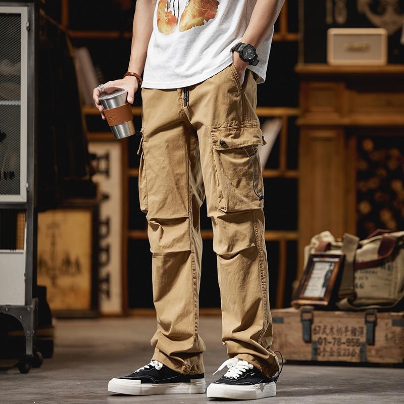 New Autumn Multi-pocket Comfortable Work Pants for Men's Tying Loose Straight Men's Casual Pants