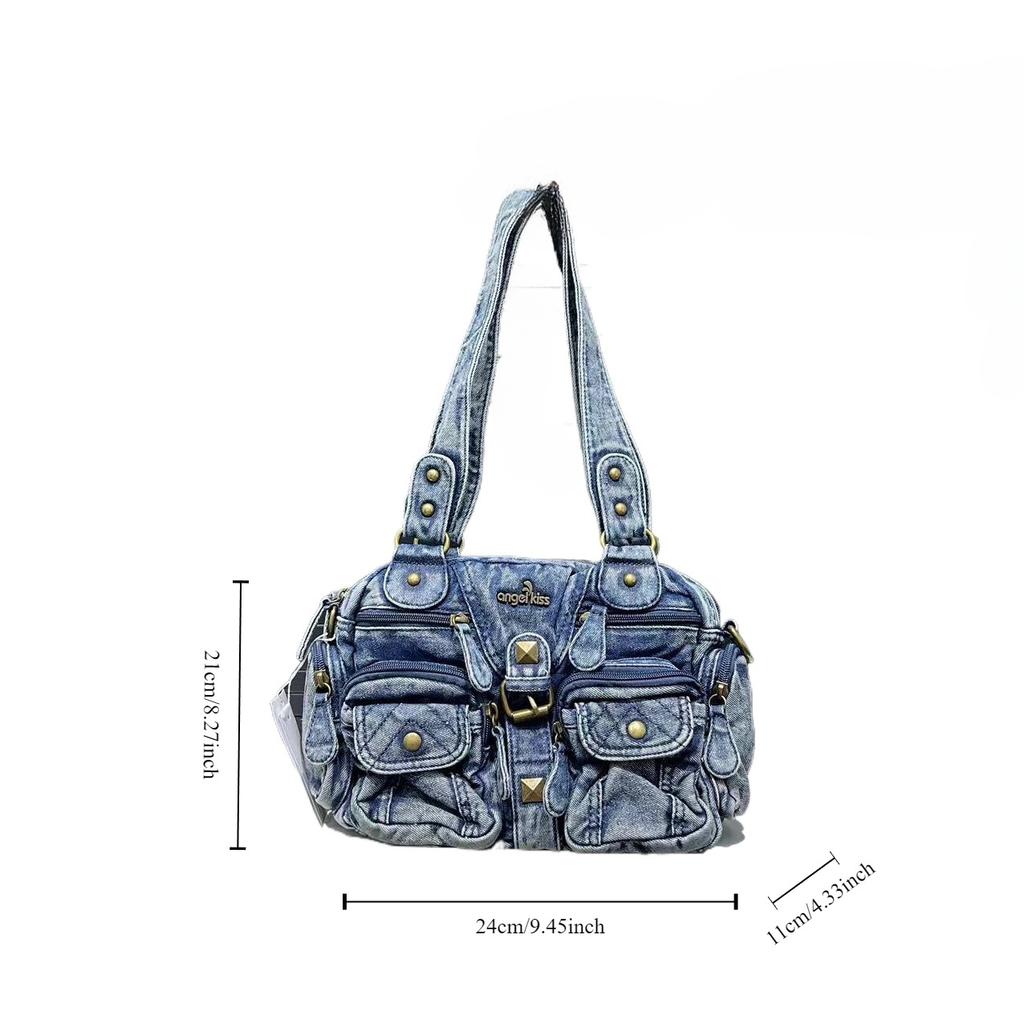Ladies Vintage Washed Denim Tote Bag Multi Pocket Spice Girl Shoulder Crossbody Bag