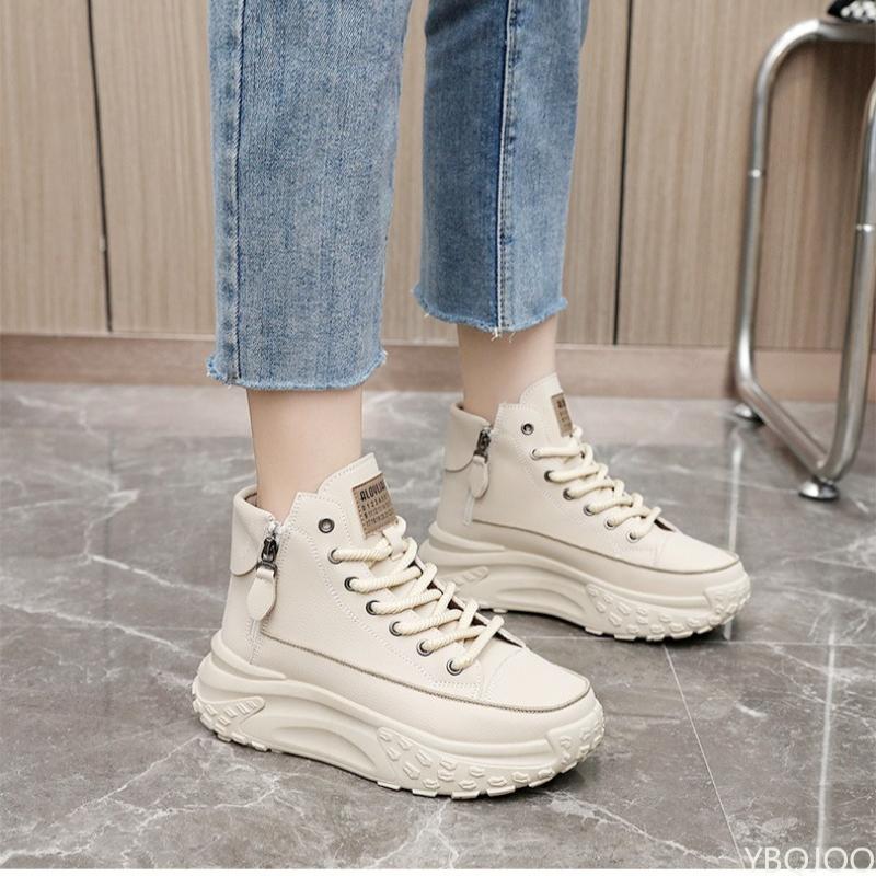 Fashionable High top shoes women's autumn new round toe shoes thick soled height increasing casual comfortable board shoes