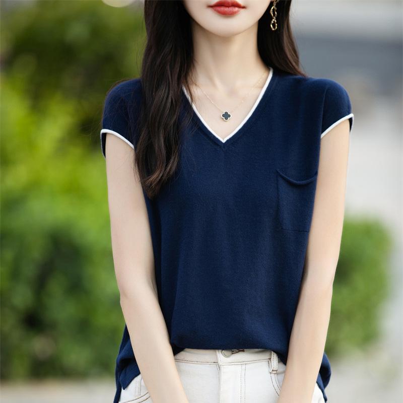 

Новая летняя женская футболка с коротким рукавом из чистого хлопка с цветными блоками, V-образным вырезом, свободного кроя, короткая верхняя одежда, универсальный женский свитер-топ XXL