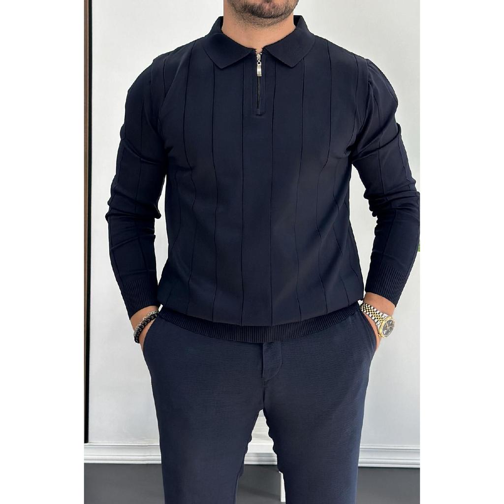 Men's Half Zipper Polo Neck Seasonal Sweater Navy Blue Edw195