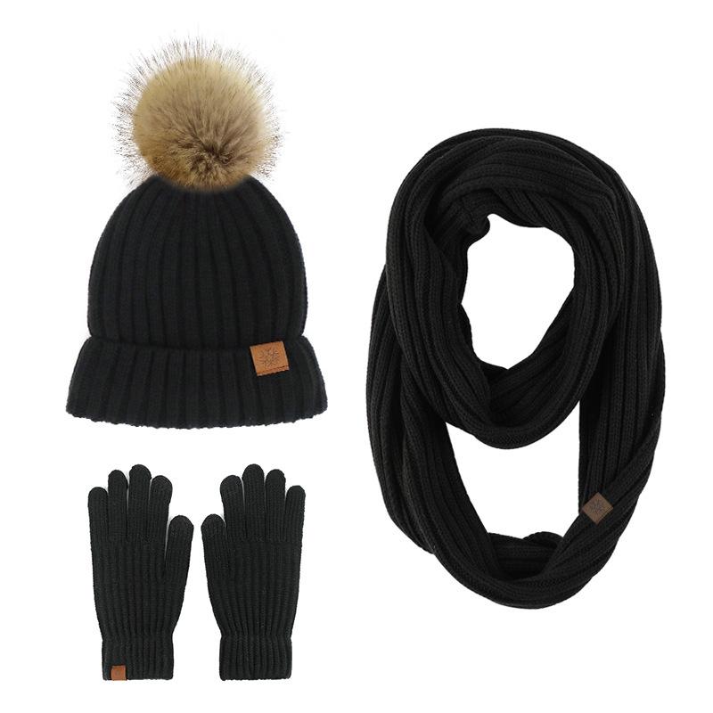 New product winter adult women's hairball knitted hat scarf gloves three-piece outdoor warm scarf set