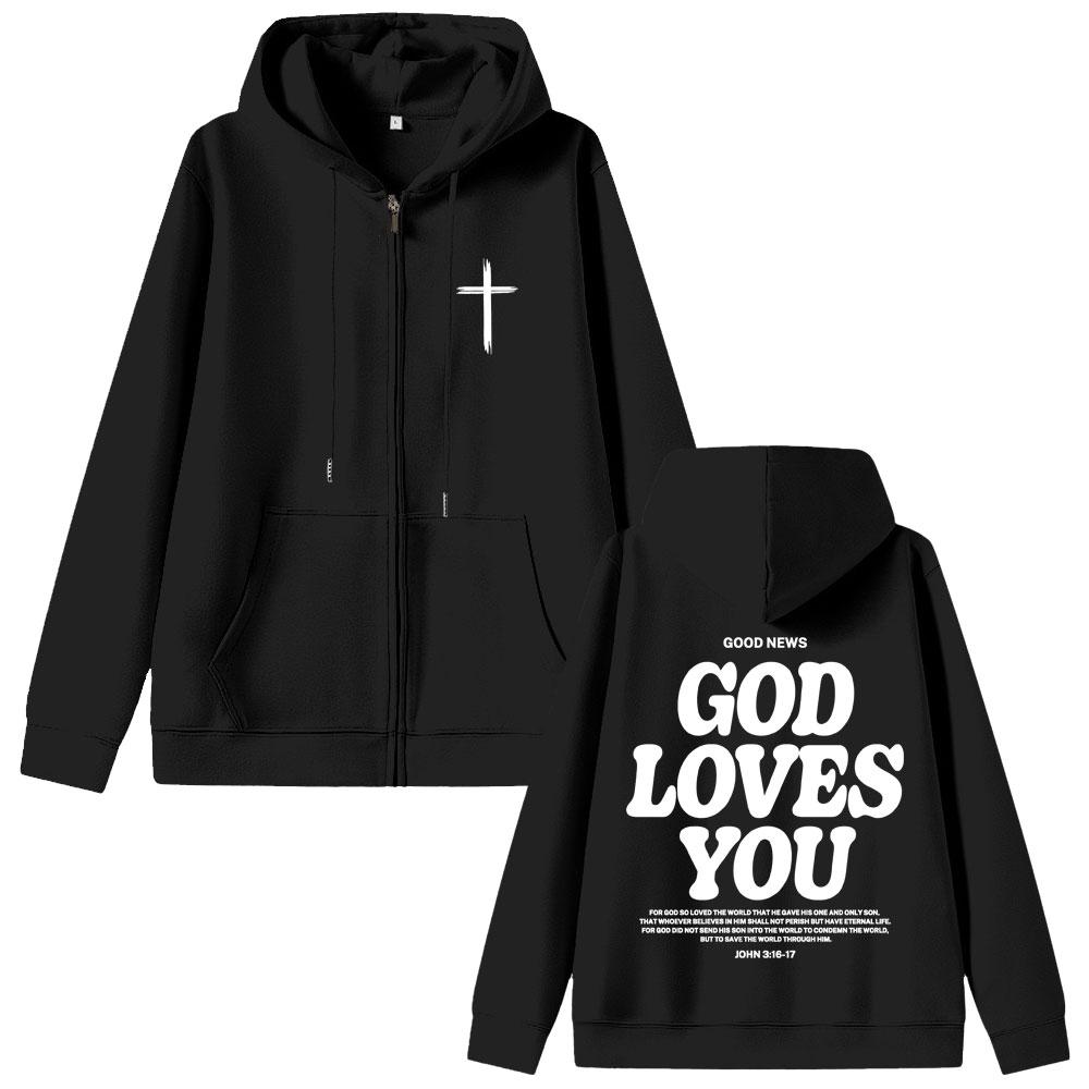 Christian Jesus Good News God Loves You Bible Verse Graphic Zipper Hoodie Men Women Oversized Zip Up Jacket Tops S