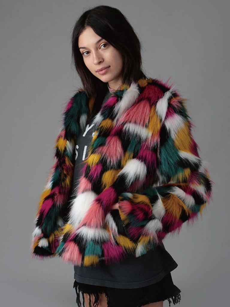 Women's Rainbow Patchwork Faux Fur Coat - Collarless, Trendy European and American Design