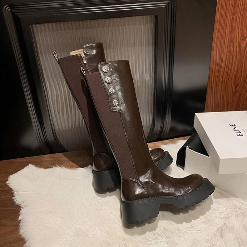 

Autumn and winter versatile Martin boots medium heel leather large size women s boots thick-soled non-slip women s leather boots cowhide high bo 39