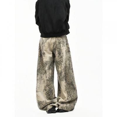 Jeans larghi da uomo con stampa leopardata effetto invecchiato - Pantaloni cargo dritti oversize Streetwear