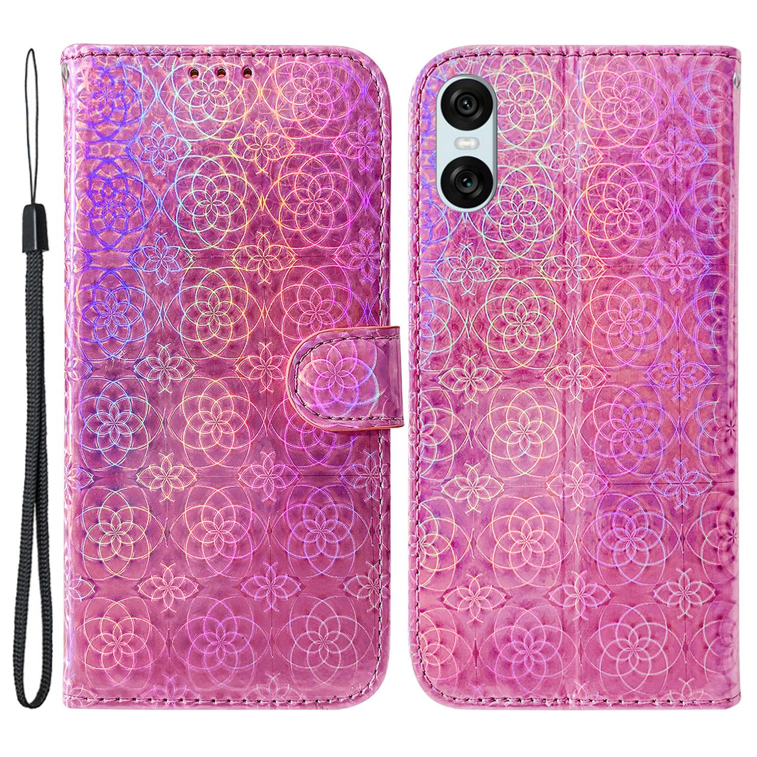 

For Sony Xperia 10 VI Wallet Cover Dazzling Flower PU Leather Magnetic Clasp Protective Phone Case Pink
