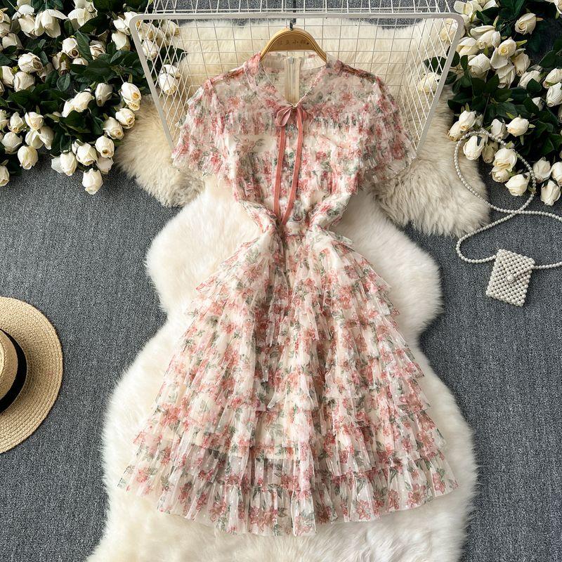 

2024 Summer Dress New Arrival French Socialite Elegant Mesh Floral Print Elegance Cake Dress Women s Accessible Luxury Chic Dress Flower color XXL