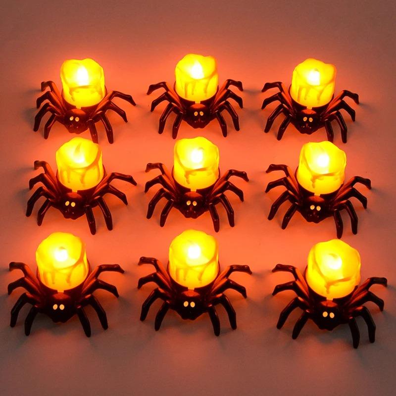 50 szt. Dekoracja Świec Herbatnich Pająków na Halloween, Halloweenowe Bezpłomieniowe Świece LED, Lampiony na Baterie do Halloweenowego Domowego Upiornego Dekorowania