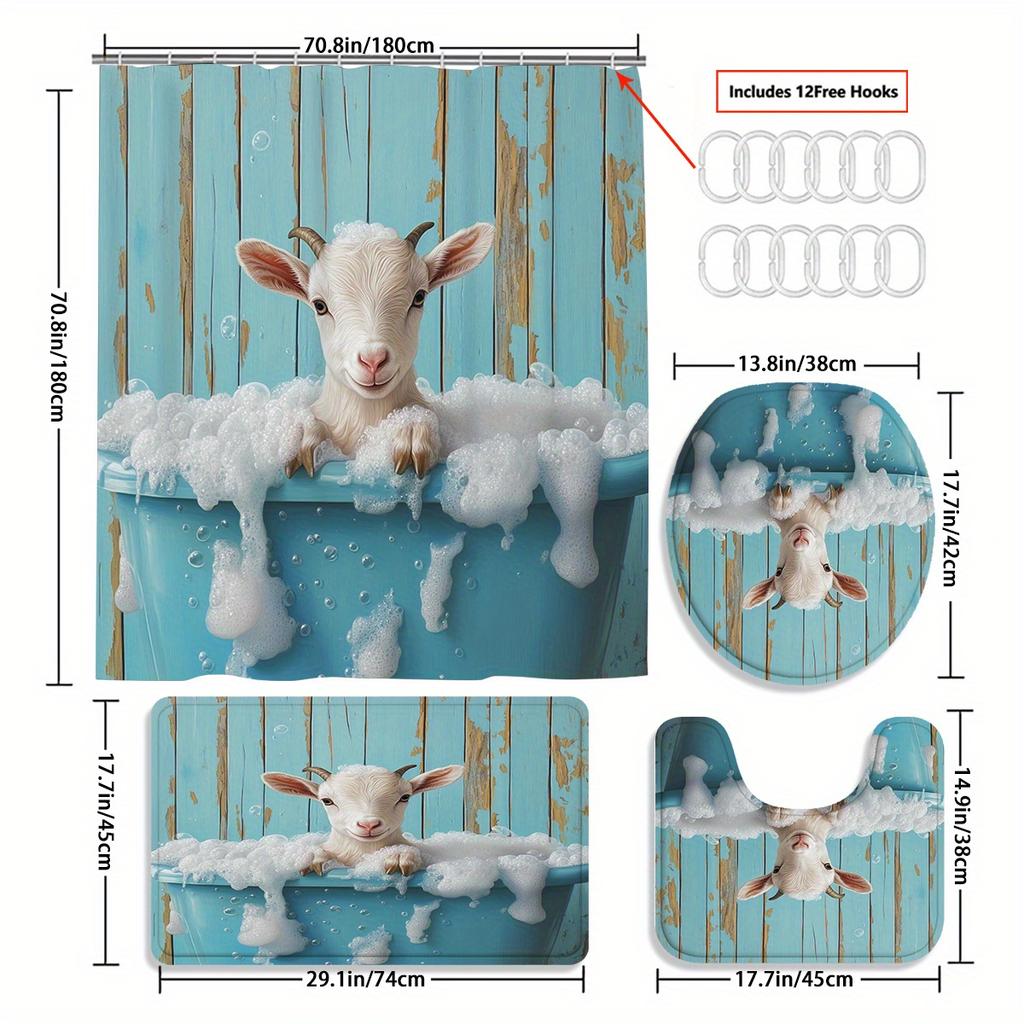 4Pcs Warm Blue Wooden Board Pattern Bubble Bath Sheep Pattern Shower Curtain Set Bathroom Curtain, Bathroom Decor Floor Mat