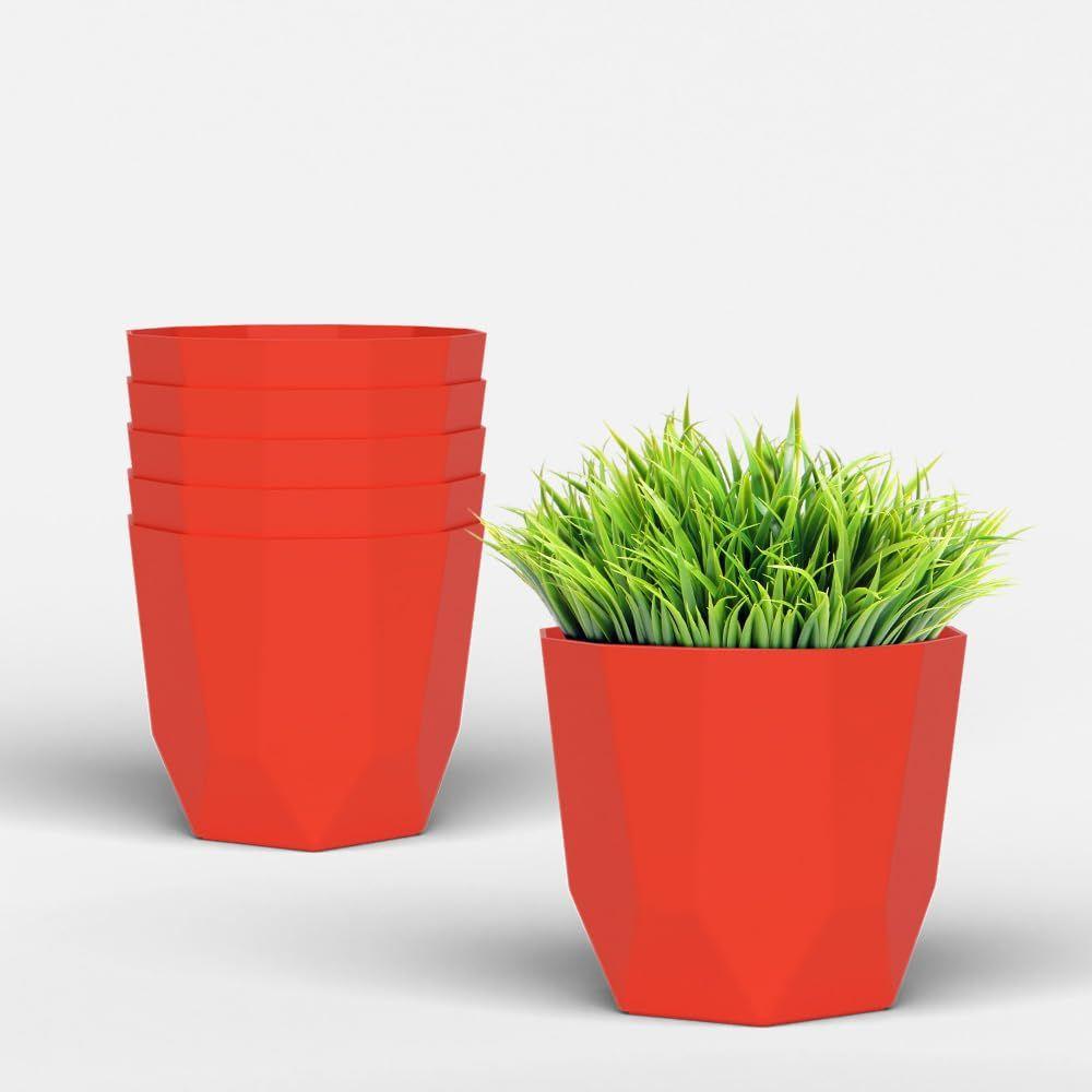 

Гексагональный 4-дюймовый набор из 6 пластиковых цветочных горшков для домашнего декора, горшки для комнатных растений для гостиной, пластиковый цветочный горшок для сада (красный) красный