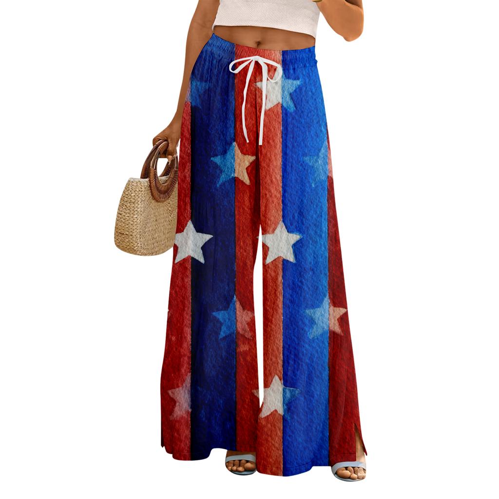 Women Summer Boho Palazzo Pants High Waist Wide Leg Floral Printing Casual Trousers With Pockets
