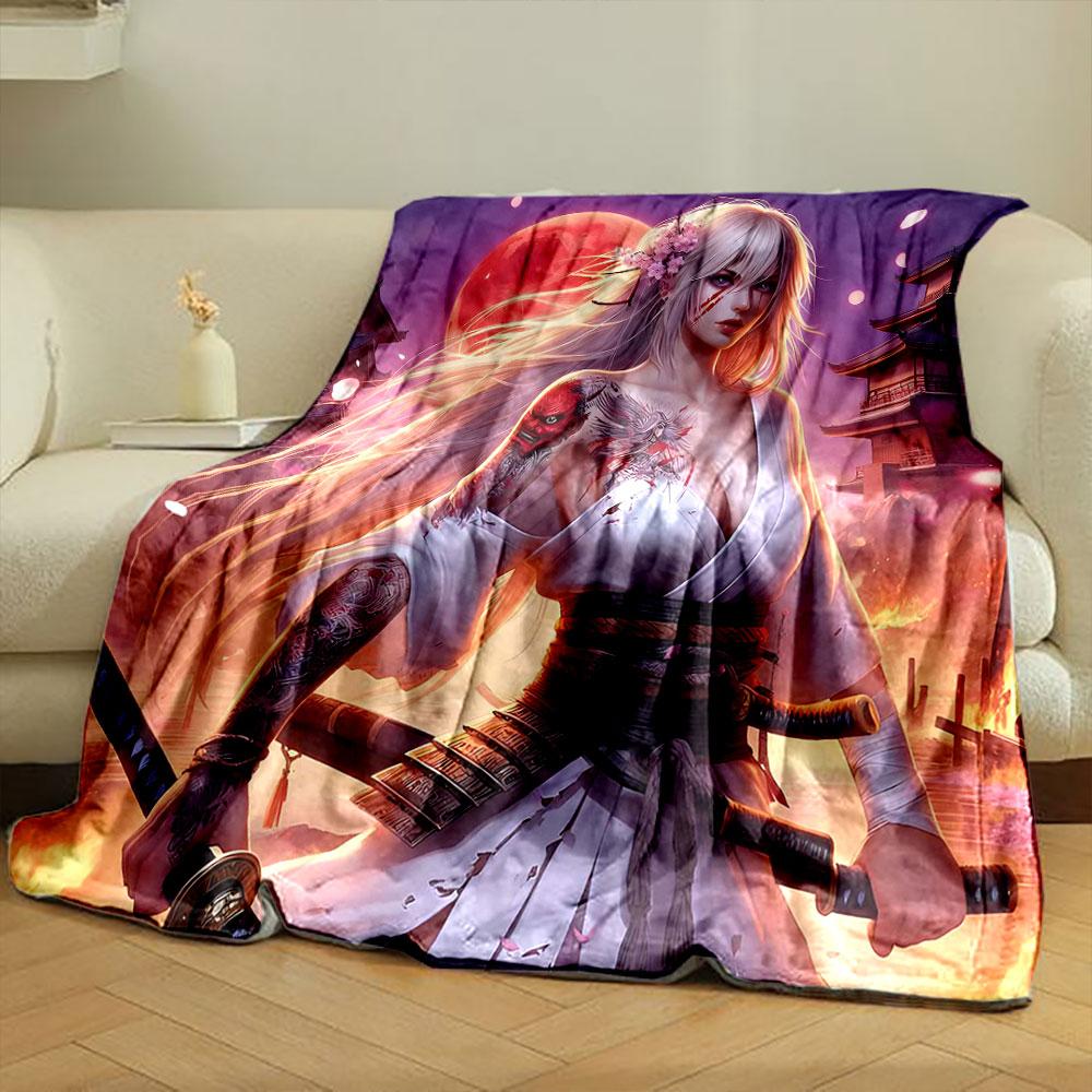 Samurai Woman Under Red Moon Print Blanket Soft and Cozy Perfect for the Living Room Bed Sofa or a Nap,gift
