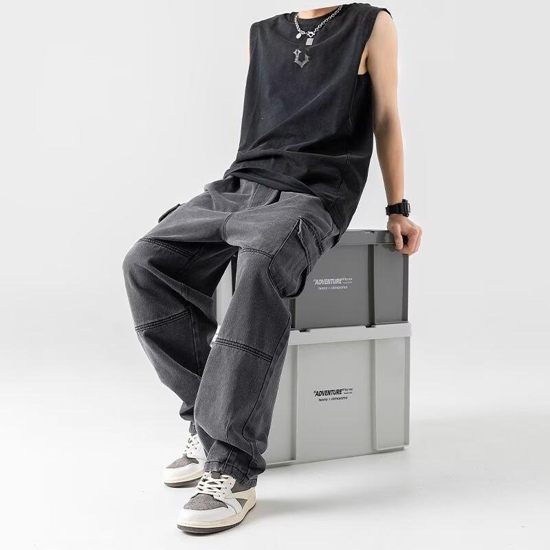 Spring men's double three-dimensional pocket jeans, new retro and old washing tooling trousers