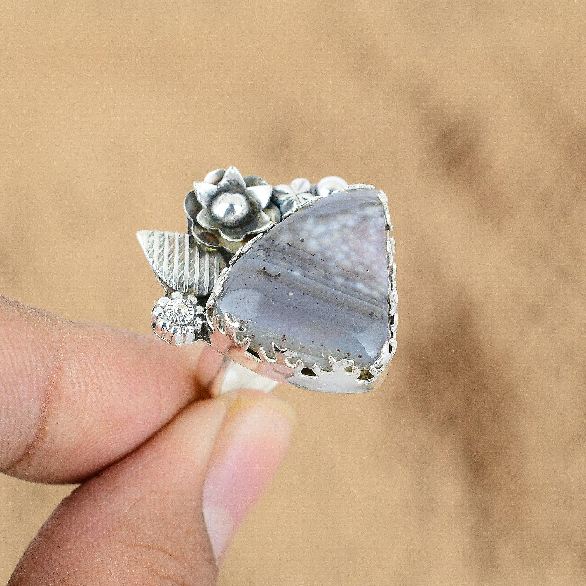

925 Sterling Silver Natural Botswana Agate Flower Promise Anniversary New Ring Yes