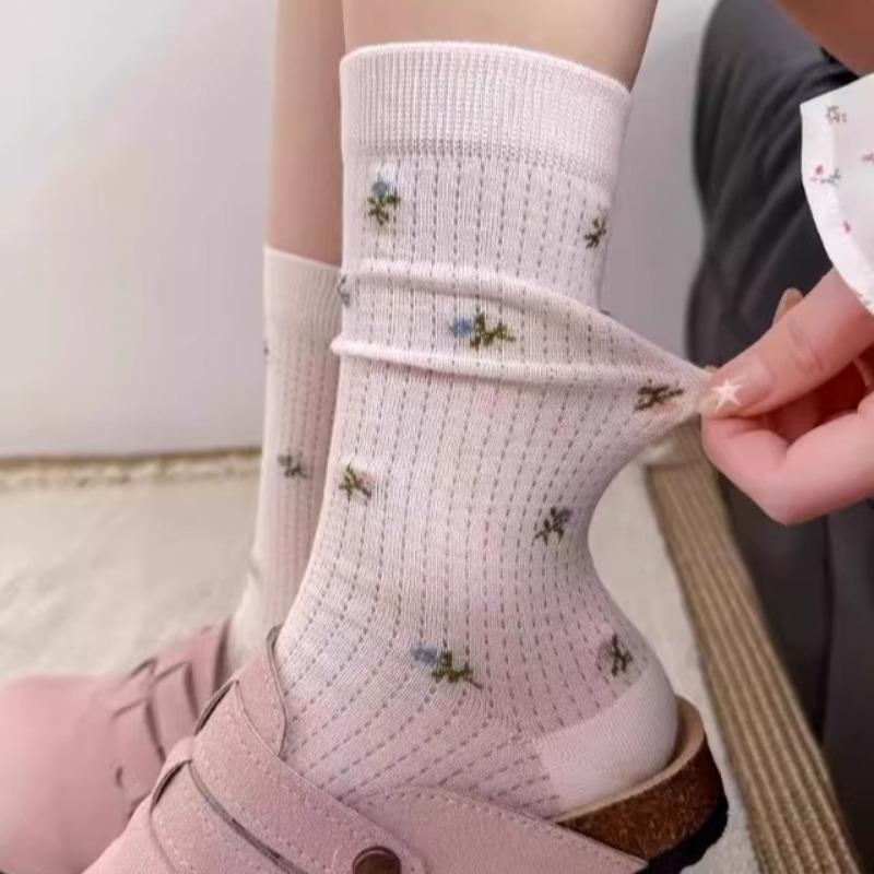Spring Summer Thin Mesh Floral Socks Women Mid Calf Breathable Moisture Wicking Anti Odor Japanese Stacking Cotton Stockings