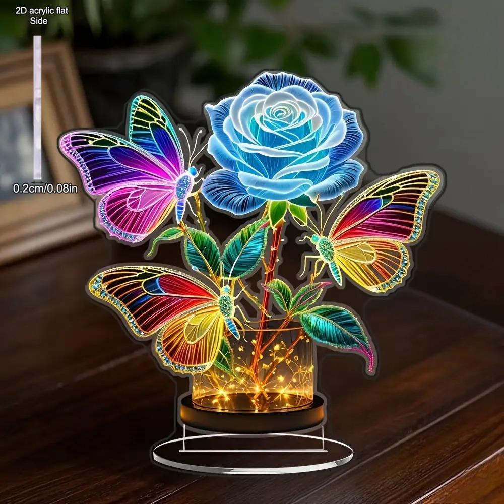 Bohemian Glowing Butterfly & Rose Table Ornamen, Elegant Desktop Decoration for Home, Office, Christmas, Valentine's Day Gift, Wedding & Party Decor,