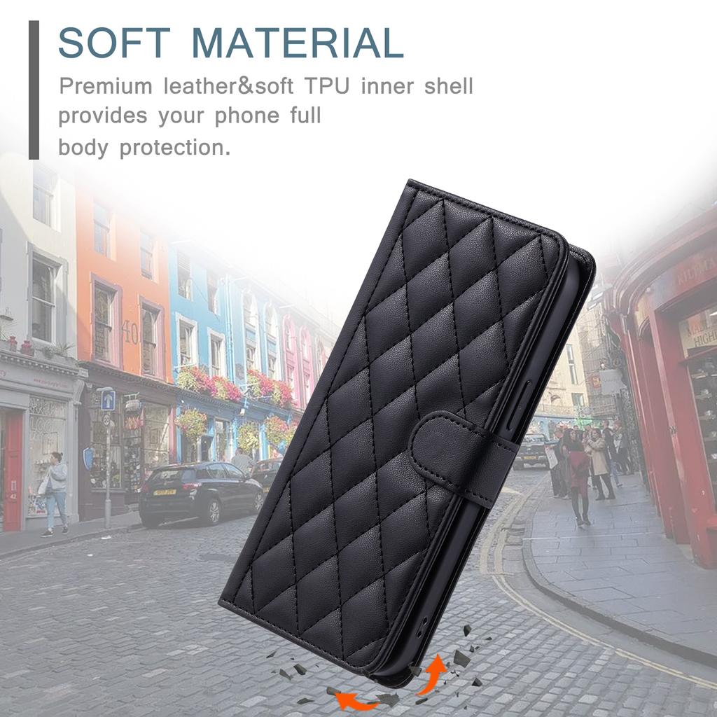 For iPhone 14 Leather Case Rhombus Grid Pattern Phone Wallet Cover