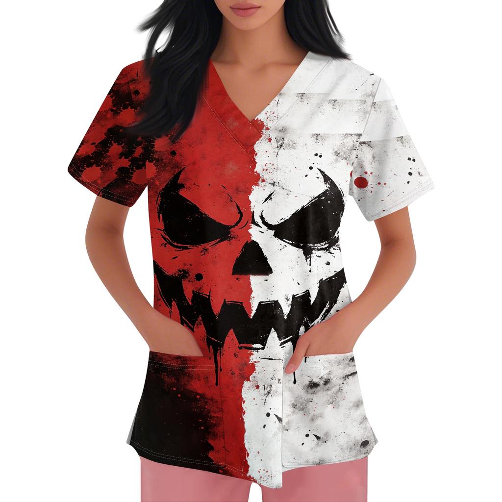 Women's Halloween Print Short Sleeve V-Neck Scrub Top with Pocket