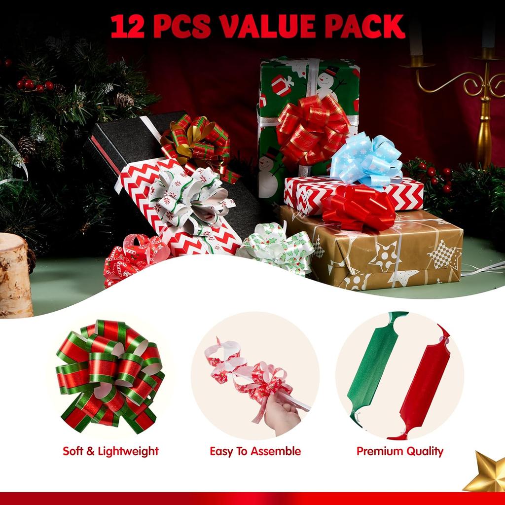 JOYFY 12 PCS Large Christmas Pull Bows with Ribbon for Gift Wrapping and Tag Christmas Tree Wine Bottles Boxing Day Decorations