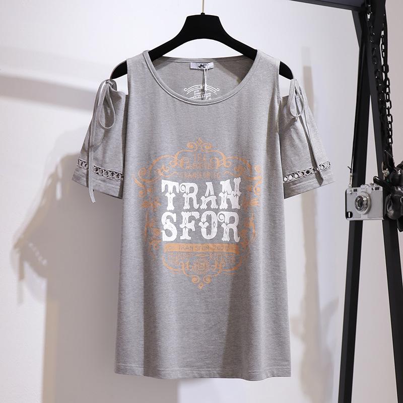 Summer Plus Size Women's T-shirt Strapless Round Neck Loose Versatile Printed Short-sleeved Tops