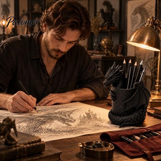 Decorative Pen Pot 3D Printed Gothic Dragon Holder, Coiled Figurine Stationery Cup, Cool Office Supplies Fantasy Desk Organizer, Halloween Tabletop