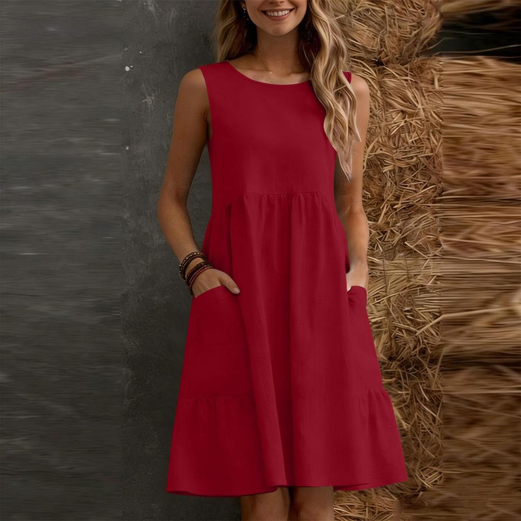 Women's Summer Casual Sleeveless Strappy Dress Linen A-Line Skirt