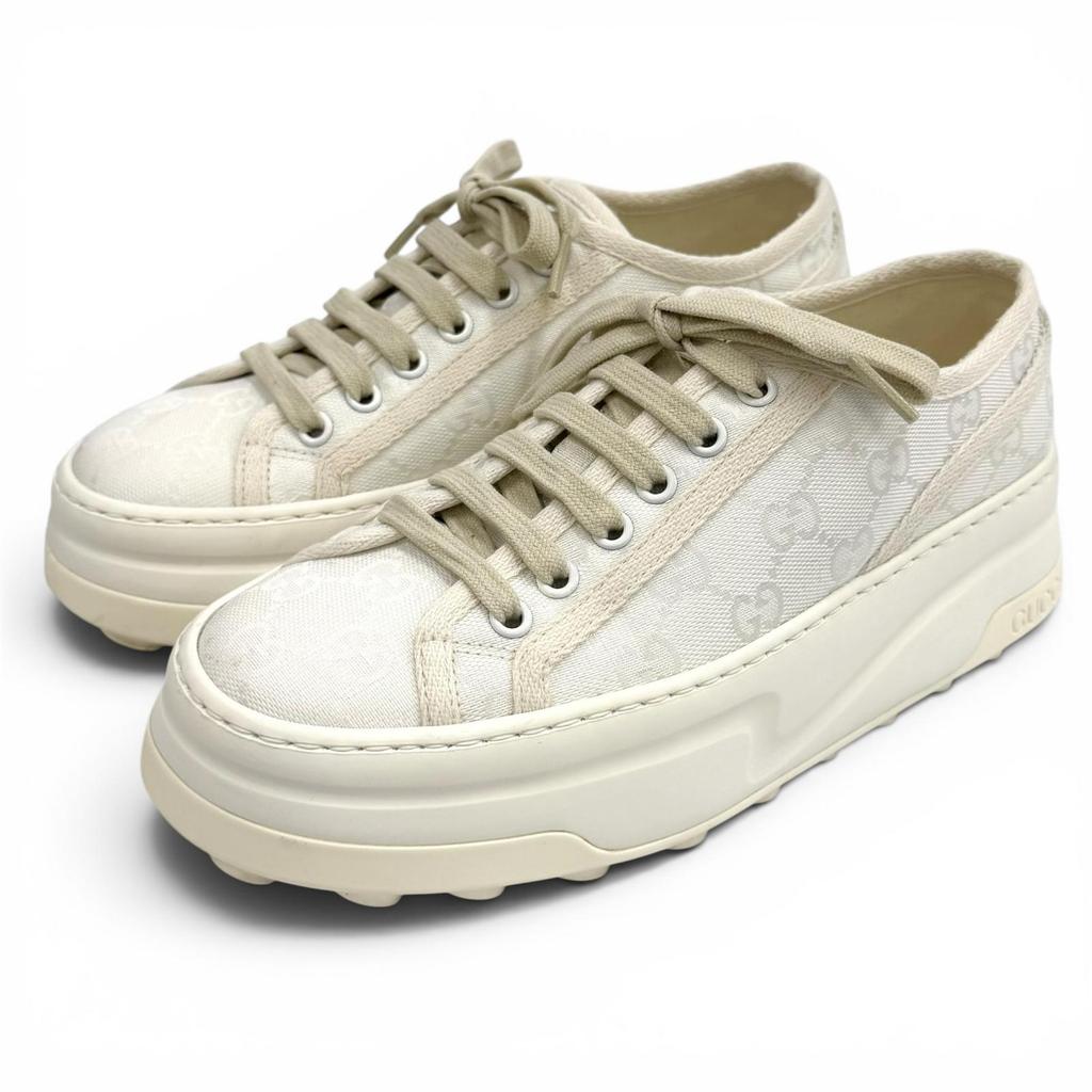 Great GUCCI sneakers tennis 1977 Platform with logo white GG canvas 36.5 746767 Used