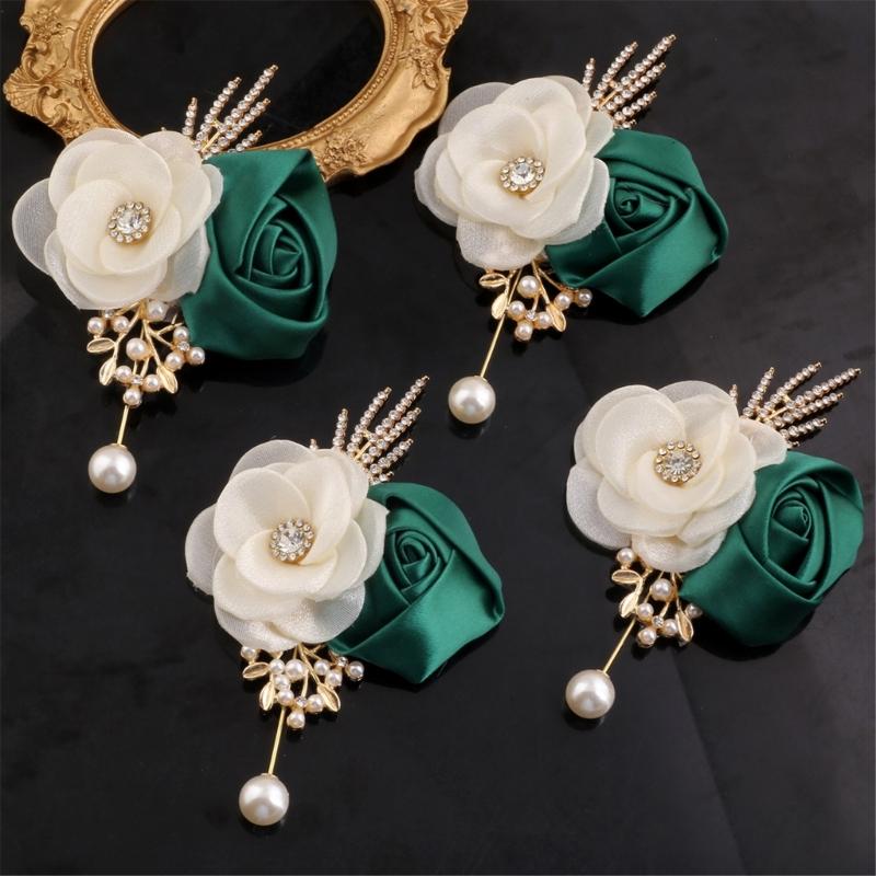 Handcrafts Wedding Corsage with Fabric Camellia Rose Design For Bridal Wedding Ceremony And Formal Event Dressingup 4PCS