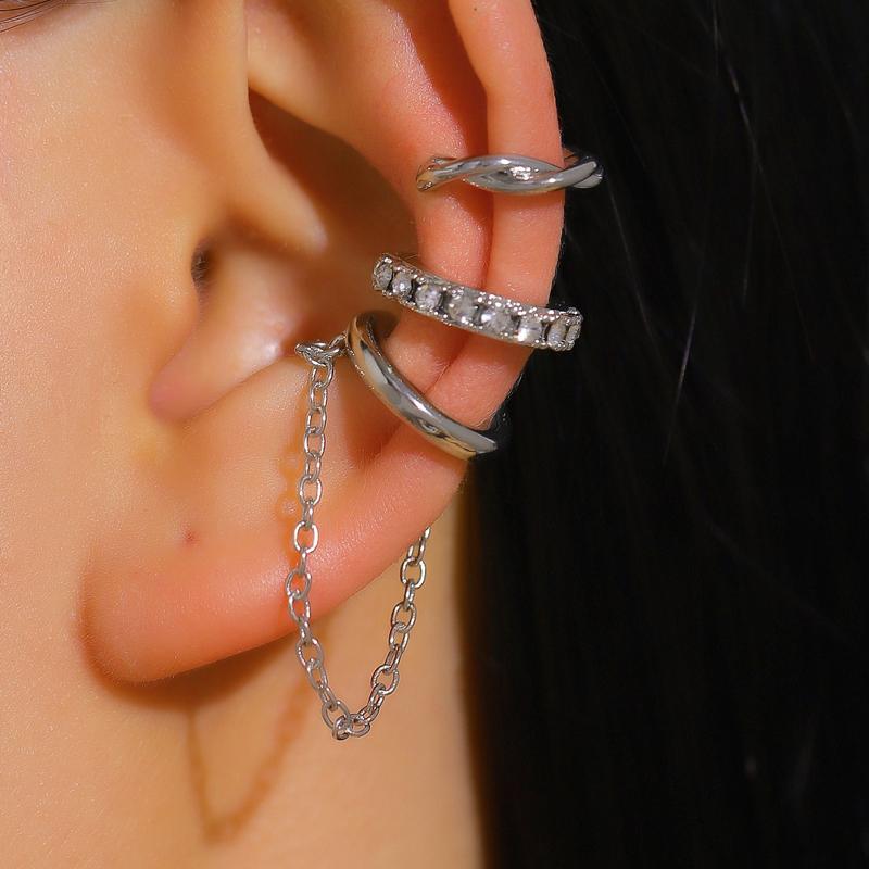 3Pcs Fashion Rhinestone Decor Ear Cuff Earrings for Woman Exquisite Metal Multi-Layer U-Shaped 2026 New Arrival Ear Clip Jewelry