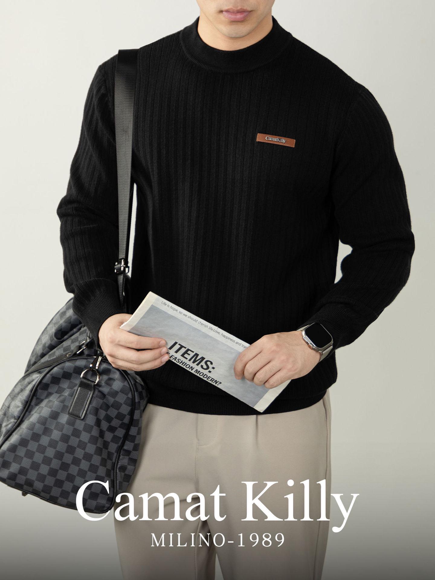 Men s Urban Autumn/Winter Lyocell Wool Jacquard Knit Top with Vertical Stripes L