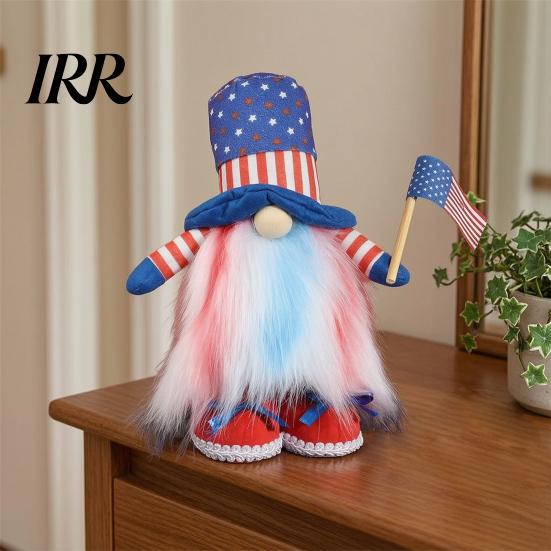 Gradient Plush Beard Doll Old Man Cute Flag Holding Figure with Hat USA American Independence Day Patriotic Ornament for Window Shelf Decor