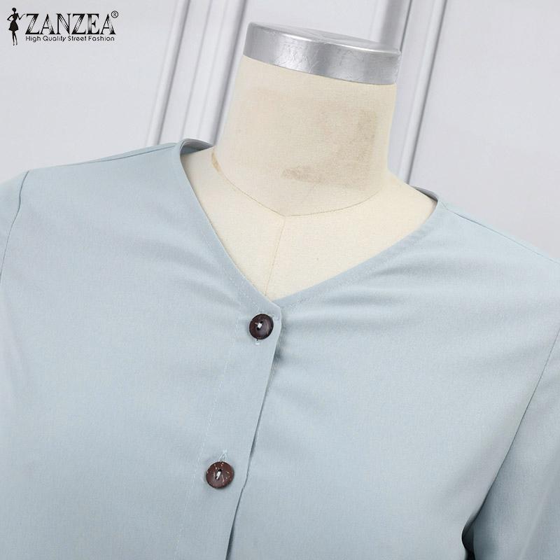 ZANZEA Women's V-neck 3/4 Sleeves Buttoned Pleated Solid Color Loose Dress