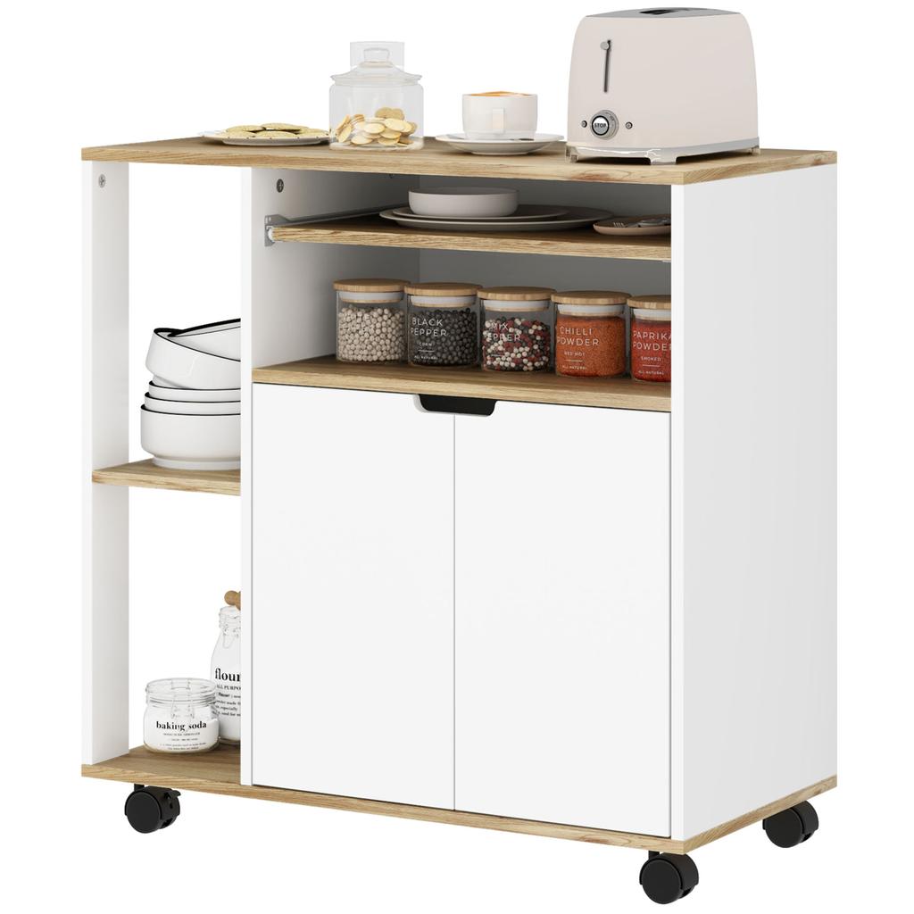 Rolling Kitchen Cart with Storage, Cabinet, Adjustable Shelves, for Kitchen, Living Room, Dining Room, White