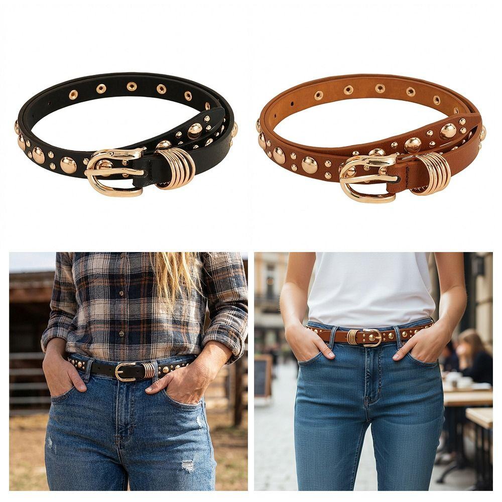 Pu Leather Inlaid Gold Mushroom Stud Belt Metal Buckle Dress Waistband Jeans Belt  Women's