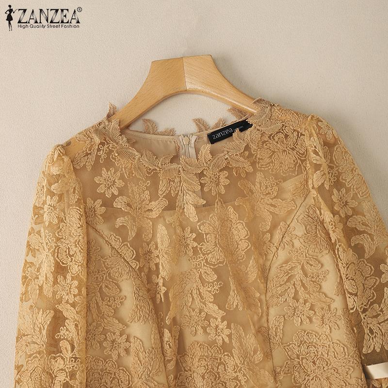 ZANZEA Women Casual Lace Patchwork 3/4 Sleeve Elegant Sheath Dress